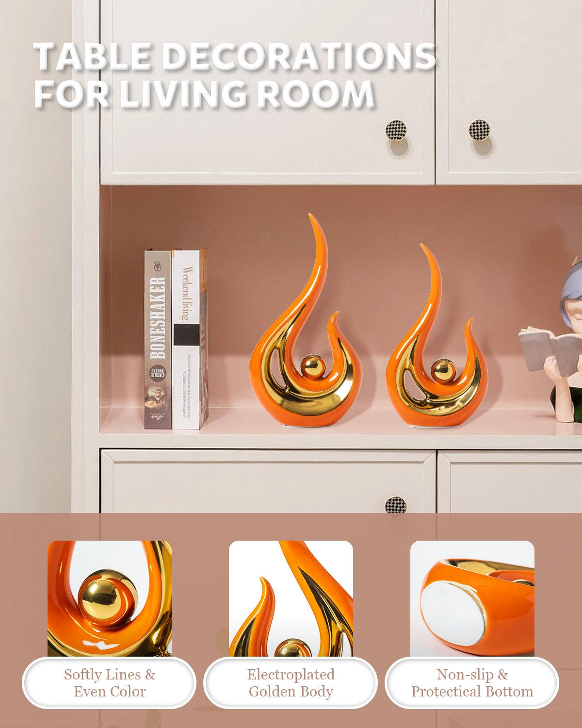 Abstract art,
Ceramic statue,
Orange gold,
Modern decor,
Artistic centerpiece,
Home accent,
Unique sculpture,
Contemporary design,
Vibrant colors,
Decorative piece,
Elegant art,
Statement piece,
Quality craftsmanship,
Artistic expression,
Eye-catching,
Luxurious finish,
Eclectic decor,
Stylish ornament,
Timeless design,
Interior decoration,
