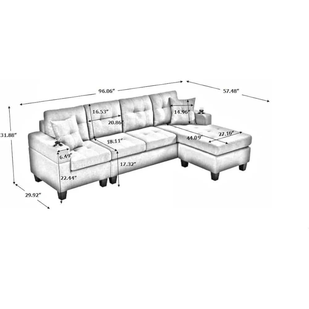 Upholstered Modular L-shaped Sofa with Reversible Chairs