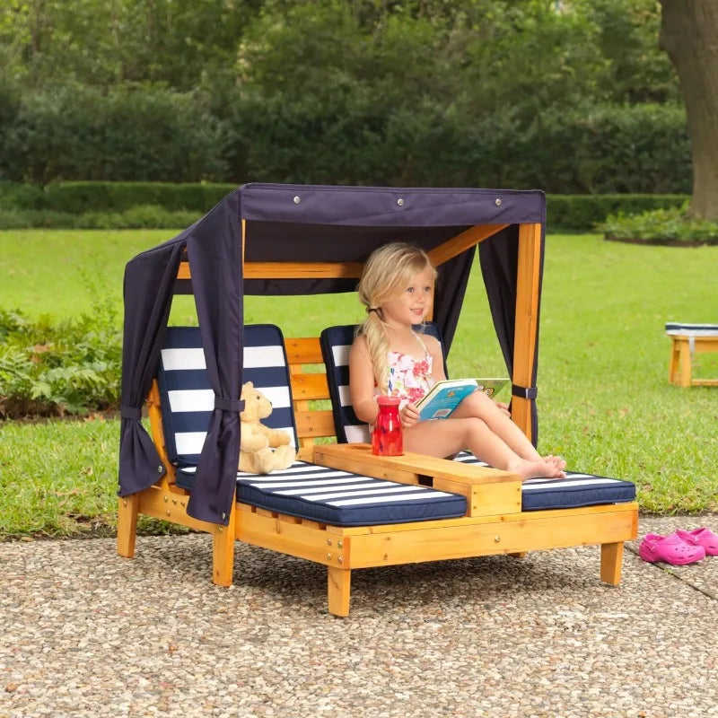 Honey with Navy and White Striped Fabric Patio Furniture